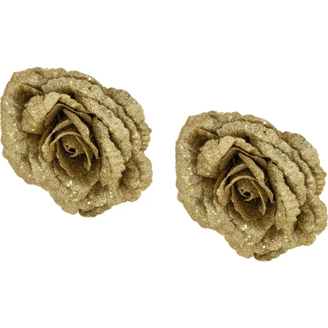 Cosy&Trendy Cosy & Trendy Roos op clip - 2x stuks - goud glitter - 18 cm - decoratiebloem - kerstversiering Goudkleurig