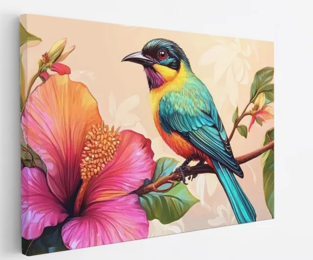 Saammp Canvas Schilderij - Vogel op tak met bloem - Natuur - Abstract - 40x30 - Foto op canvas - Wanddecoratie - Muurdecoratie Woonkamer - Woonkamer Decoratie Multicolor