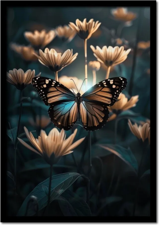 Plakkers Poster vlinder vliegt tussen de bloemen - 30cm x 40cm - vintage - woonkamer - slaapkamer - bloemen posters - goedkoop - muurposter - natuur - wanddecoratie Full-colour
