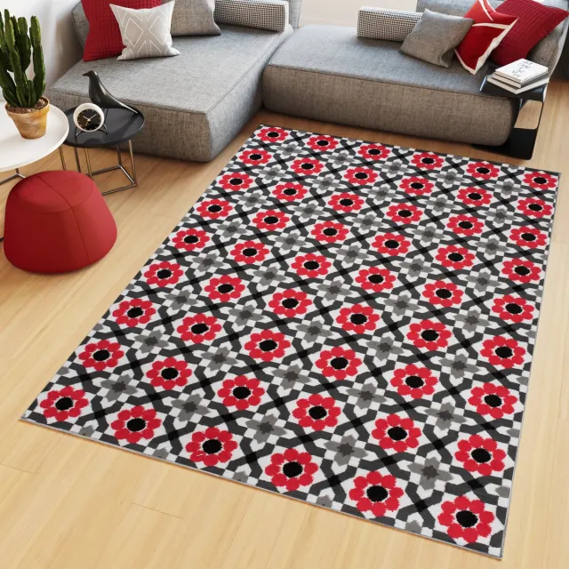 Tapiso Maya Vloerkleed Rood Slaapkamer Gebloemd Tapijten Rood Zwart Grijs