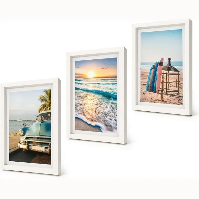 Coloray 3-Delige Schilderij Set - Vakantie in Miami met uitzicht op de zonsondergang en zee - 20x30 - Schilderijen Set - Wanddecoratie - Woonkamer - Muurdecoratie Witte lijst