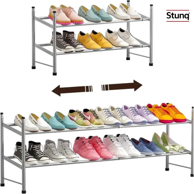 Stunq Stapelbaar Schoenenrek Metaal Grijs – Uitschuifbaar 60-110 cm – 2-laags Schoenenplank