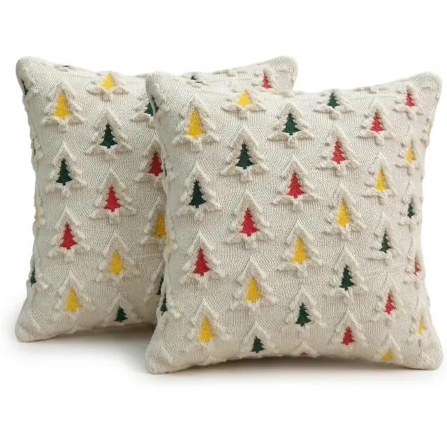 YAGXIG Kerstkussensloop - 45,72 x 45,72 cm - Decoratieve kussenhoes - Kerstboompatroon - Landelijke feestkussensloop - Geschikt voor bank, slaapkamer, woondecoratie - 2-delige set wit