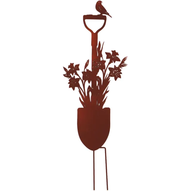 UNUS Tuinspade met vogel en narcissen – roestlook gepatineerd metalen tuinpaal voor tuin, terras, balkon Bruin