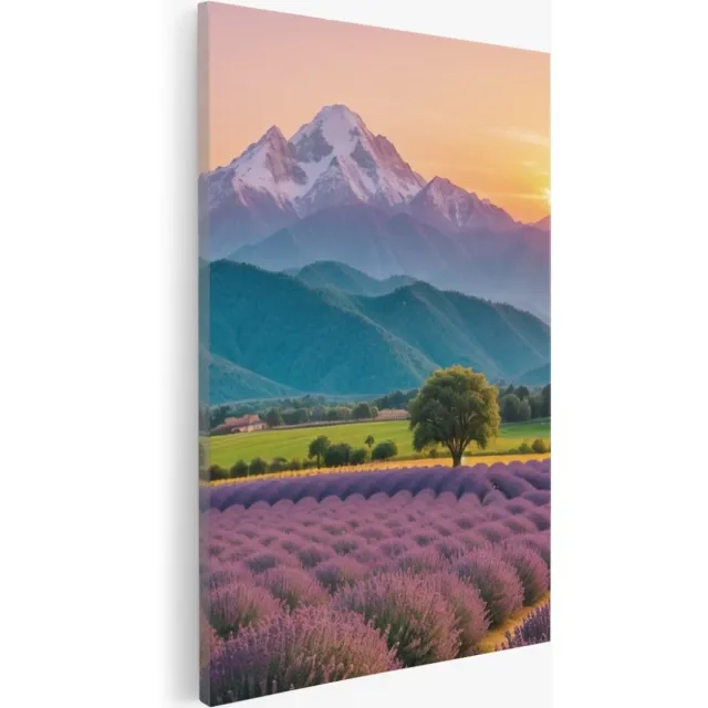 Saammp Canvas Schilderij - Bloemen - Lavendel met bergachtig landschap - Natuur - 40x50 - Foto op canvas - Wanddecoratie - Muurdecoratie Woonkamer - Slaapkamer decoratie - Canvas Print Multicolor
