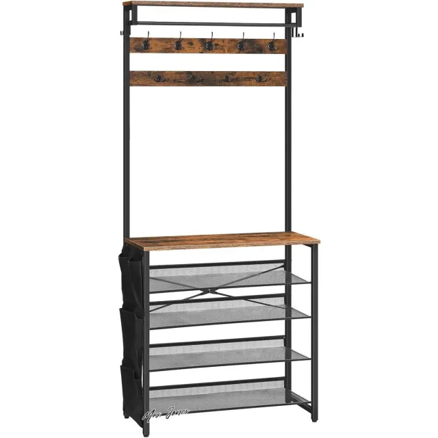 Mrs. Jones Kapstok schoenenrek 5 niveaus afneembare stoffen zijzak verstelbare metalen gaasplank gang donkerbruin zwart . multiple