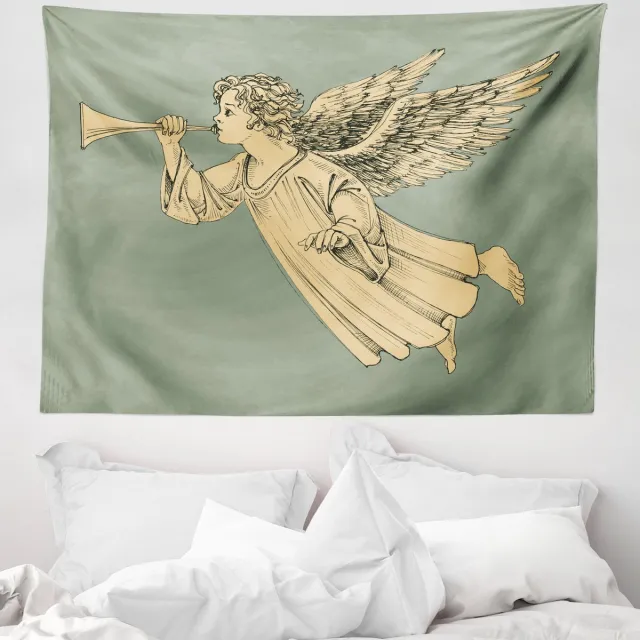 ABAKUHAUS Kersttapijt en sprei, vliegende engel afbeelding, zachte microvezelstof wanddecoratie voor slaapkamer 150 x 110 cm geel mint Zachte microvezelstof wanddecoratie voor de slaapkamer, 150 x 110 cm, mintgeel
