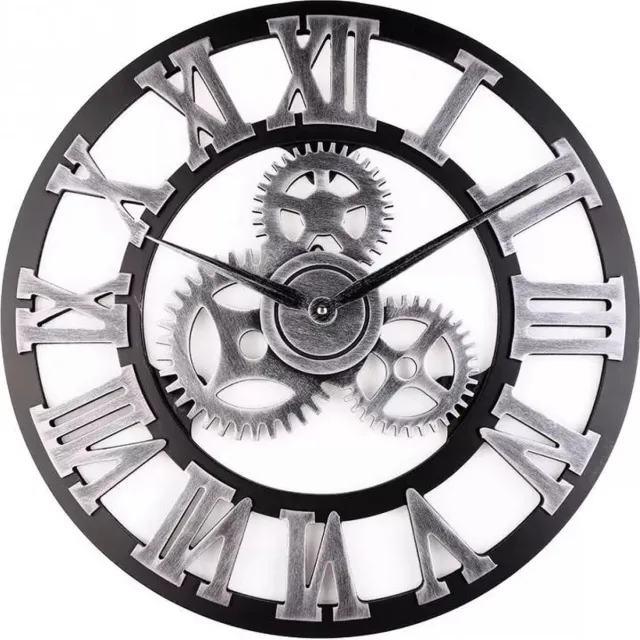 Mogi Products Wandklok Met Tandwielen–60 cm– Zwart Grijs – Romeinse Klok– Muurklok– Retro Stil Uurwerk Zwart met grijs