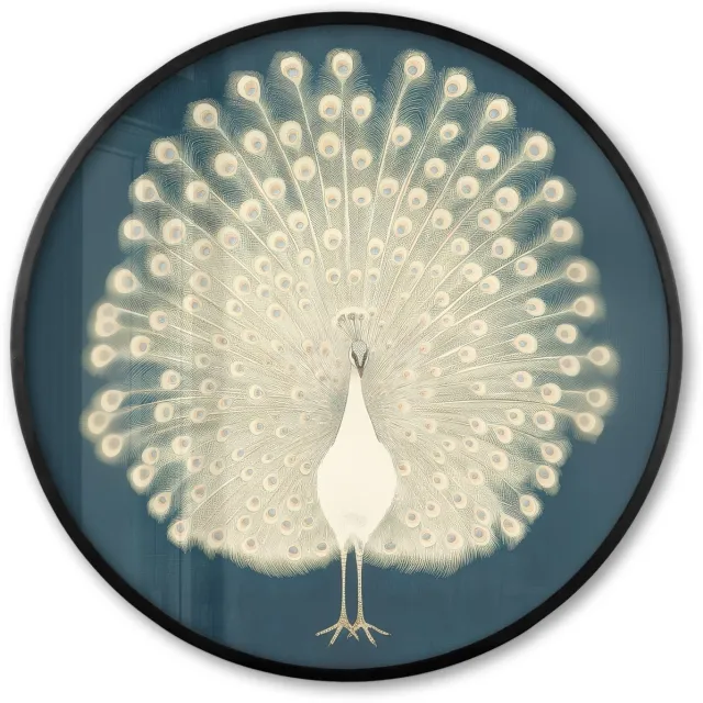 FrameYourWall Poster in lijst Rond - Fotolijst 80x80 cm - Posters - Vogel - Blauw - Vintage - Ronde posterlijst zwart - Decoratie - Wanddecoratie woonkamer - Muurdecoratie slaapkamer Pauw
