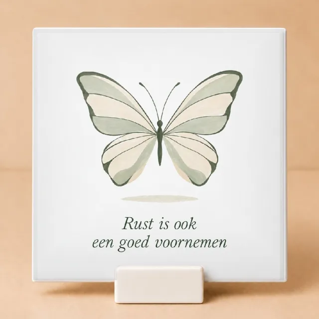 Bedruk King Sereen Gouache "Nieuw jaar, zelfde chaos" Tegel – Rustgevende Wanddecoratie voor Liefhebbers van Bewuste Levensstijl - 11 x 11 cm met houder Wit