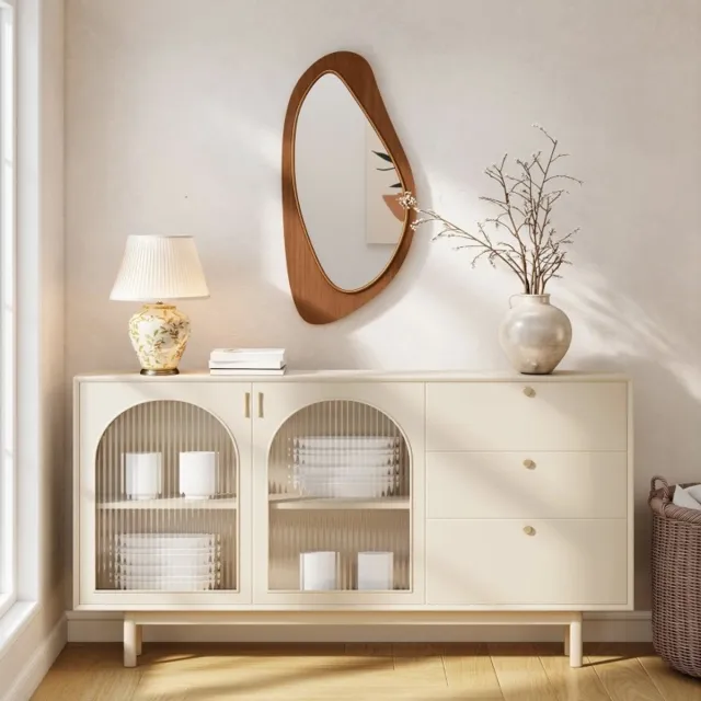 MEUNIQ Wandspiegel 91,5 x 45 x 3 cm met lijst, organische vorm, grenenfineer en MDF frame, glas, voorgemonteerd met metalen haken, voor hal slaapkamer woonkamer, naturel Naturel hout