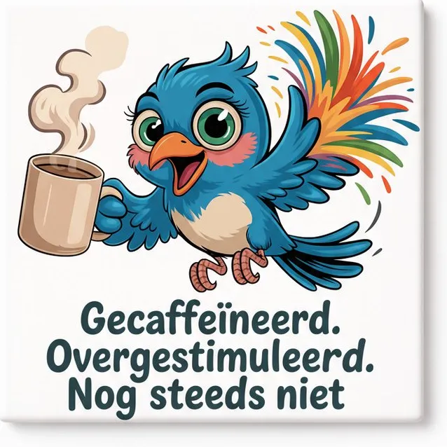 Bedruk King Grappige “Gecaffeïneerd Overgestimuleerd Nog Steeds Niet Genoeg” Keramische Tegel – Schattige Vogel Koffieliefhebber Quote Tegel – Humor Keuken Cadeau Wit
