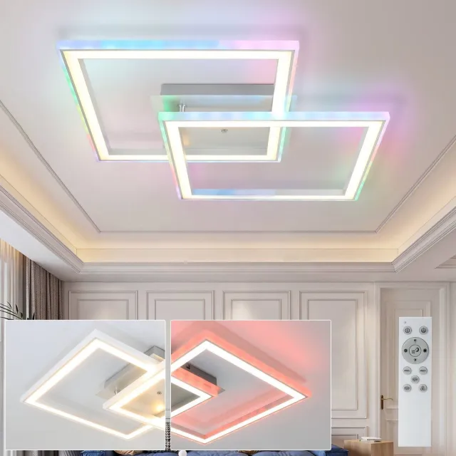 NETTLIFE LED Plafondlamp - zilver - modern - dimbaar met afstandsbediening - RGB kleurverandering - 2 hoekig ontwerp - 40W slaapkamerlamp - voor woonkamer | keuken | hal eetkamer