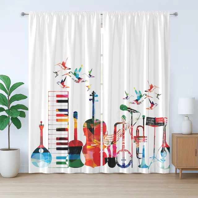 ABAKUHAUS Muziekgordijn in rustieke stijl, kleurrijke instrumenten, met lussen en haken voor de woonkamer, 280 x 175 cm, meerkleurig
