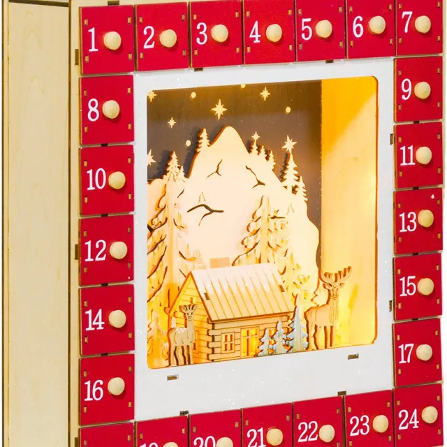 Homcom Kerst Adventskalender-34x7x34cm-Multilayer Paneel-Rood