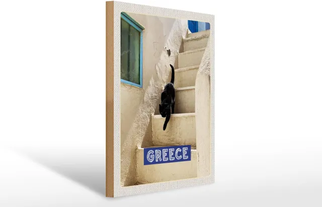 Femer Holzschild Reise 30x40cm Greece Griechenland weiße Treppe Katze Blauw