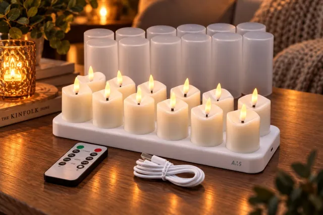 AMS Commerce AMS Oplaadbare Waxinelichtjes 12 Stuks – LED Theelichtjes met Afstandsbediening – Oplaadstation – Timer – Flikkerende Vlam – Inclusief Transparante Hulzen XL
