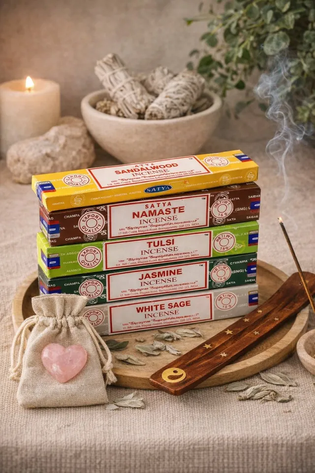 Satya Wierook Ritueel Set Balans & Rust – Yin Yang Wierookplank – 5 Geuren Wierookstokjes + Rozenkwarts Hartje in Linnen Zakje – Ontspanning & Selfcare