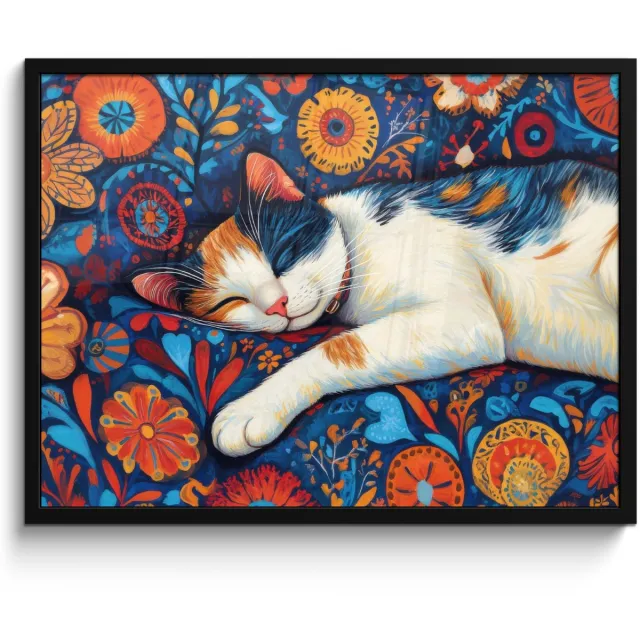 FrameYourWall Poster in lijst - Fotolijst 70x50 cm - Posters - Kat - Bloemenpatroon - Blauw - Oranje - Posterlijst zwart - Decoratie - Wanddecoratie woonkamer - Muurdecoratie slaapkamer