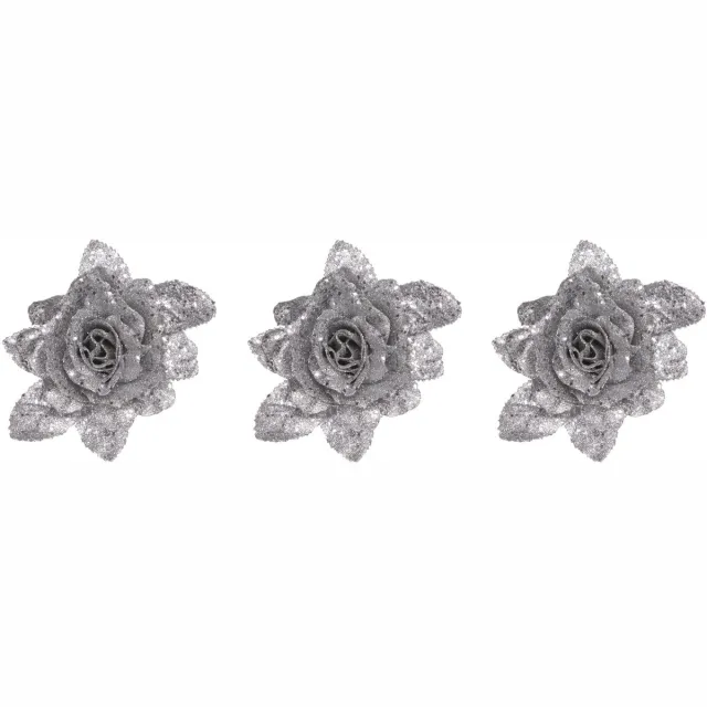 Cosy & Trendy Kerstboomversiering Bloemen - 6x - 10 cm - zilver glitter - op clip - ornament - roos