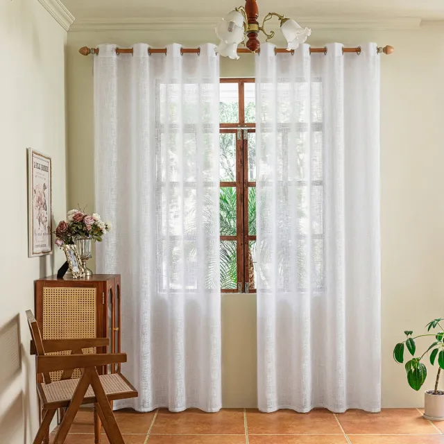 Qelus Set Van 2 Inbetween Gordijnen Linnenlook - 175GSM Vitrage met Ringen - Kant en Klaar Lichtdoorlatend & Privacy - Woonkamer - 2 Stuks - Zuiver wit - 140x274cm