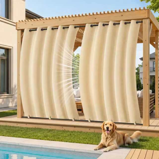 MUPOO Buitengordijn Waterdicht & Windbestendig - Met Onder Fixatie tegen Wind - Verduisterend & UV Werend - Outdoor Gordijnen voor Terras, Veranda & Pergola - 132x244 cm - Beige - 1 Stuk (Rideau Extérieur Imperméable) Beige-1 stuck