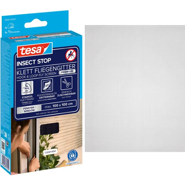 Tesa INSECT STOP H&L Fly Screen Premium for Windows - hor met sterke klittenband, verwijderbaar zonder resten, op - 100 x 100 cm - antraciet (transparant) zwart