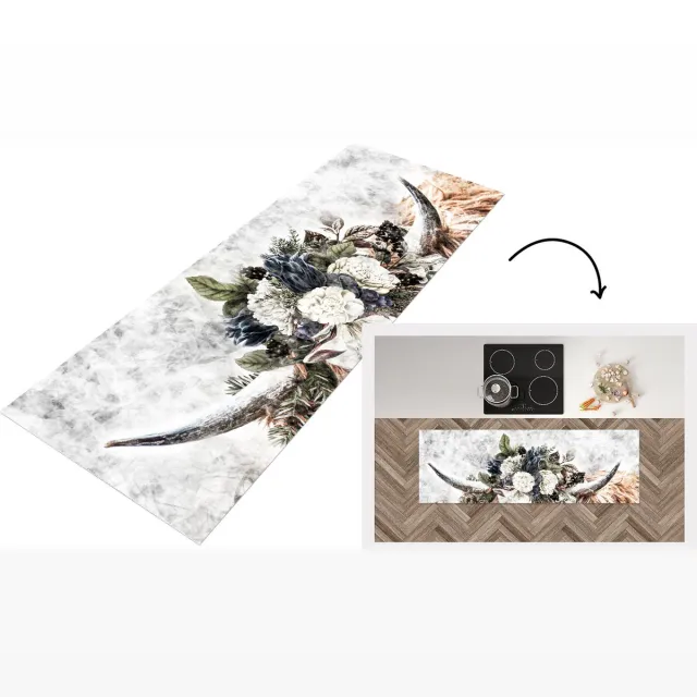 KitchenYeah Keukenloper - Loper keuken - Schotse Hooglander - Zwart - Wit - Bloemen - Keukenloper vinyl Multicolor