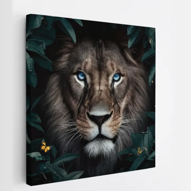 Saammp Canvas Schilderij - Leeuw tussen de bladeren en vlinders - Dieren - Natuur - 20x20 - Foto op canvas - Wanddecoratie - Muurdecoratie Woonkamer - Slaapkamer decoratie - Canvas Print Multicolor