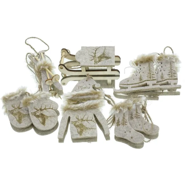 Gasper Kersthanger Wintersport Grijs-beige set van 6 - Vilt & hout