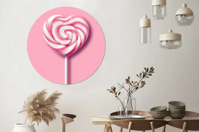 WallCircle Wandcirkel - Muurcirkel - Snoep - Lolly - Hart- Roze - Aluminium - Dibond - 140x140 cm - Binnen en Buiten