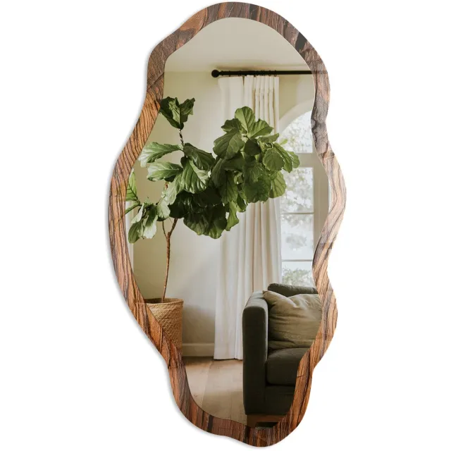 TULUP Houtstructuur Spiegel - Bruin Rechthoekige Spiegel Voor Interieur - Organische Spiegel - Woonkamer, Kantoor, Slaapkamer - Rustiek - 45x90 cm - Totale afmeting 52x97 cm Structuur Houtnerfstructuur, Bruin