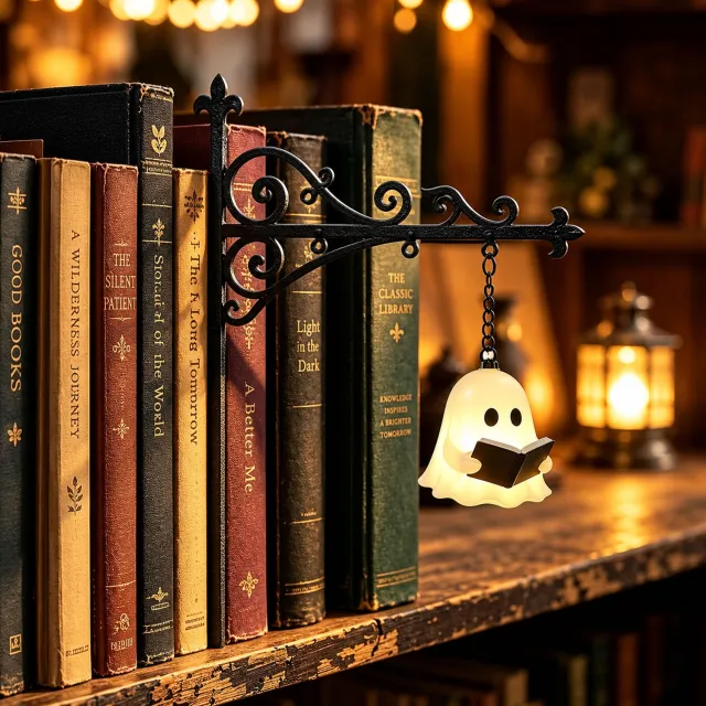 LIVTEK unieke boekensteun met hangende LED spooklamp - warm wit licht en draadloos - metaal en batterijbediend - voor boekenkast en leeshoek Zwart