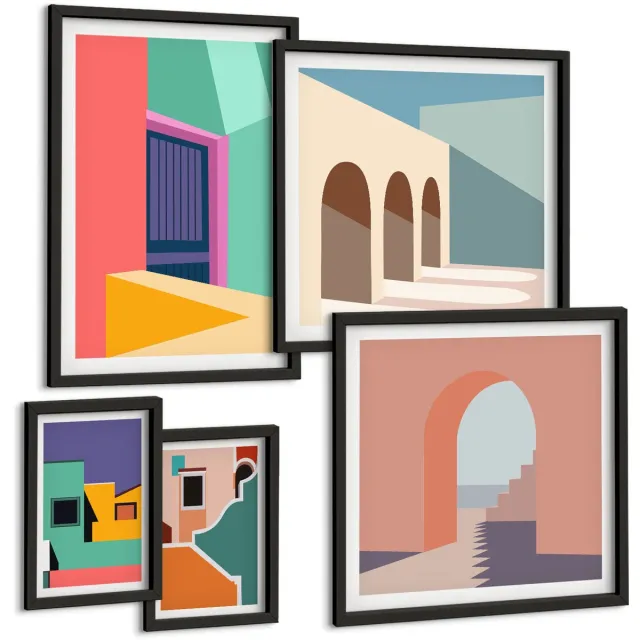 TULUP 4-Delige Schilderij Set - Kleurrijke stadsgezichten in een moderne stijl. - 50 x 50 cm, 20 x 30 cm en 40 x 60 cm - Muurdecoratie - Wanddecoratie - Hal - Stijlvolle Muurdecoratie Zwarte lijst