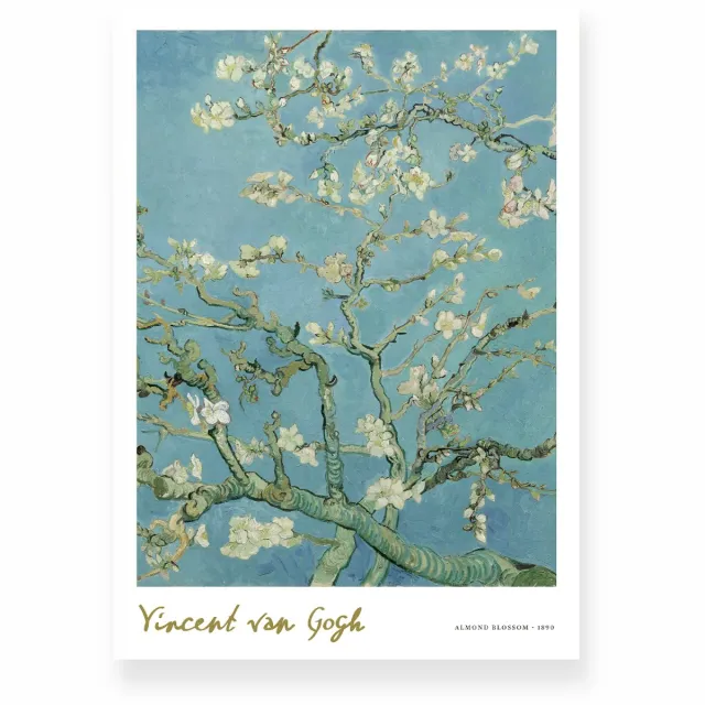 Yisual Poster 50x70 cm - Amandelbloesem - Vincent van Gogh - Bloesemtakken - Blauw - Wit - Postimpressionisme - Botanisch - Muurdecoratie - Wanddecoratie