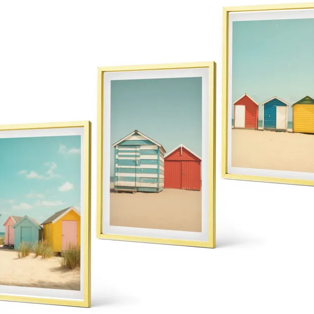 Coloray 3-Delige Schilderij Set - Geschilderde Citrusvruchten En Kustlandschappen - 40 x 40 cm En 40 x 60 cm - Stijlvolle Wanddecoratie - Interieur - Moderne Wanddecoratie Gouden lijst