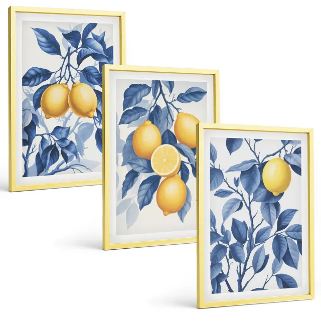 Coloray 3-Delige Schilderij Set - Olijven In Keramische Schalen Op Een Grijze Achtergrond - 40 x 40 cm En 40 x 60 cm - Wanddecoratie - Moderne Interieurdecoratie - Muurdecoratie Gouden lijst
