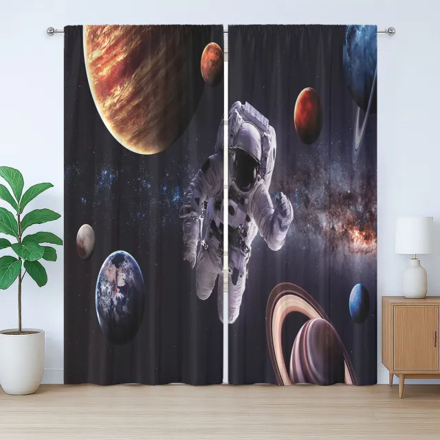 ABAKUHAUS Mist Rustieke gordijnen, Planeten Sterrenstelsels, Woonkamergordijnen met universele band, lussen en haken, 2 stuks 140 cm B x 175 cm L, Meerkleurig