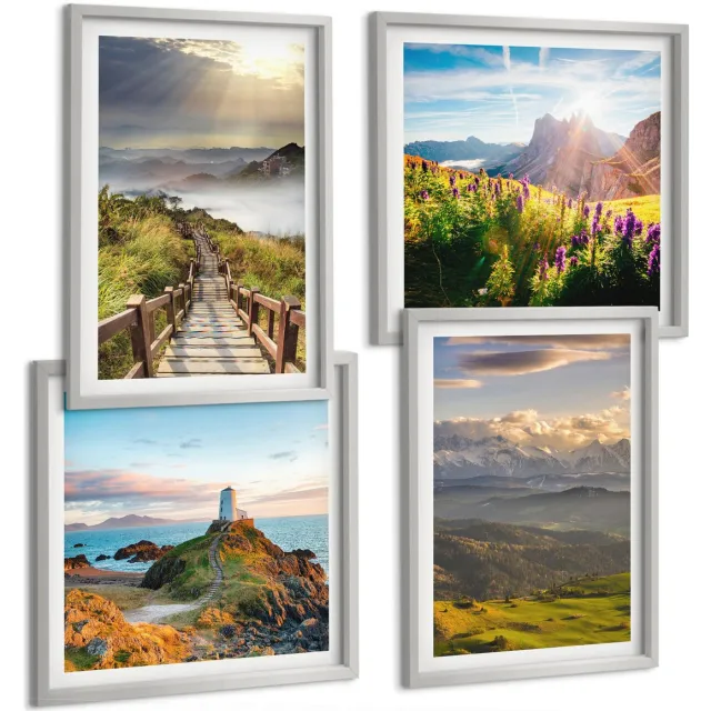 Coloray 4-Delige Schilderij Set - Berglandschappen Met Bloemen, Lucht En Pad. - 40 x 40 cm En 40 x 60 cm - Moderne Wanddecoratie - Woonkamer Zilveren lijst