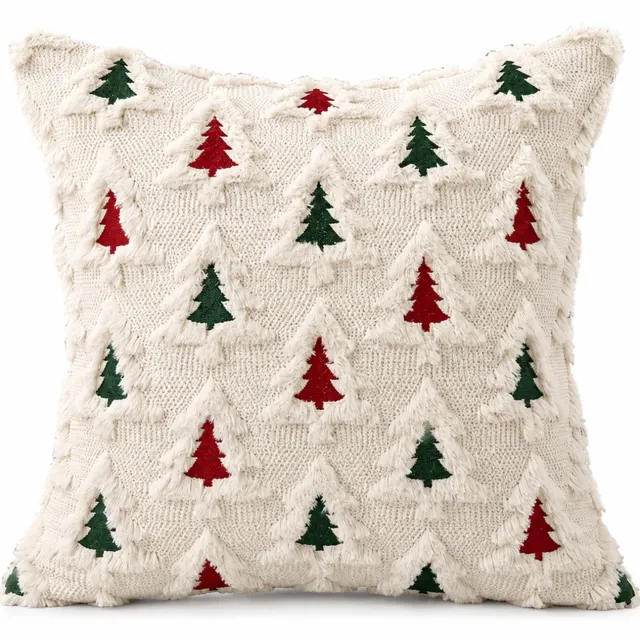 SWGOTA Kerstkussenhoes 45 x 45 cm met rode en groene kerstbomen en franjereliëf - Polyester - 1 stuk zonder binnenkussen Rood