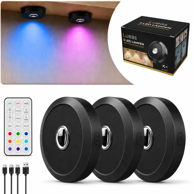 Lueas® RGB - Oplaadbare ledspotjes 3 stuks - Met Afstandsbediening - Dimbaar & Magnetisch - USB-C​