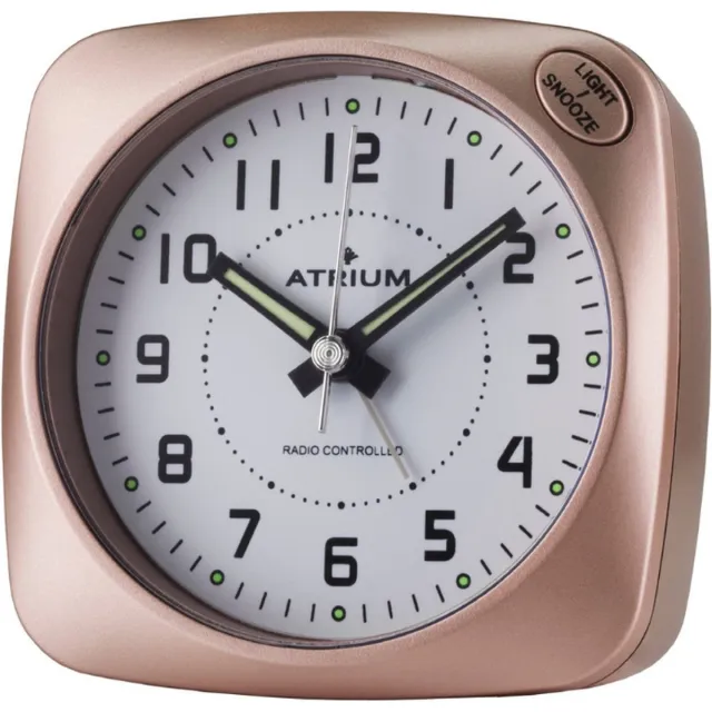 Atrium Wekker - Analoog - Zonder Tikgeluid - Alarm - Zilver - Metallic Roze - Licht - Radiogestuurd - Duidelijk - Eenvoudige Bediening - Quartz Uurwerk - Sluimerfunctie - Opbouwende Geluidniveau Pieptoon - Wekkers Slaapkamer - Klok - A610-17