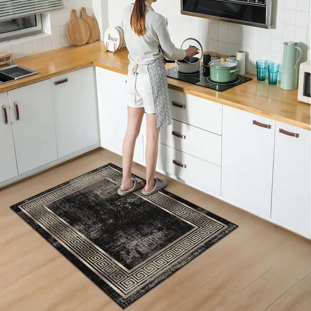 De Groen Home Vloerkleed 80x120cm - Keukenloper - NATURA COLLECTIE Gold & Zwart marmer patroon - Halloper - Wasbaar Antislip Zacht Tapijt Zwart & Gold