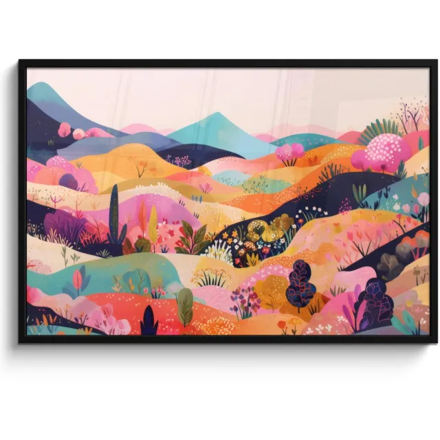 FrameYourWall Poster in lijst - Fotolijst 120x80 cm - Posters - Golvende heuvels - Abstracte planten - Dromerig - Posterlijst zwart - Decoratie - Wanddecoratie woonkamer - Muurdecoratie slaapkamer Heuvels - Kleurrijk