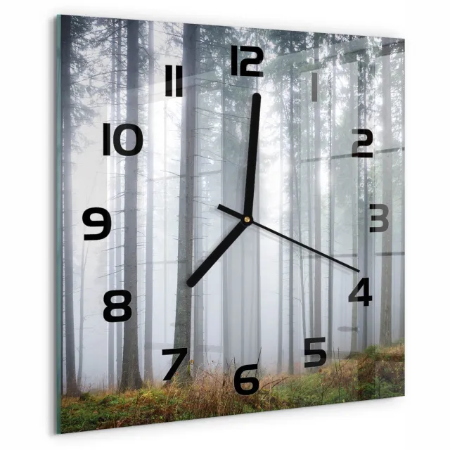 TULUP Wandklok - Mist in het bos Wandklok Glas Met Motief - 30x30 cm - Grijs Decoratieve Glazen Klok - Zwarte handen - Vierkante Klok - Gekleurde Glazen Klok - Glazen Klok Met Print
