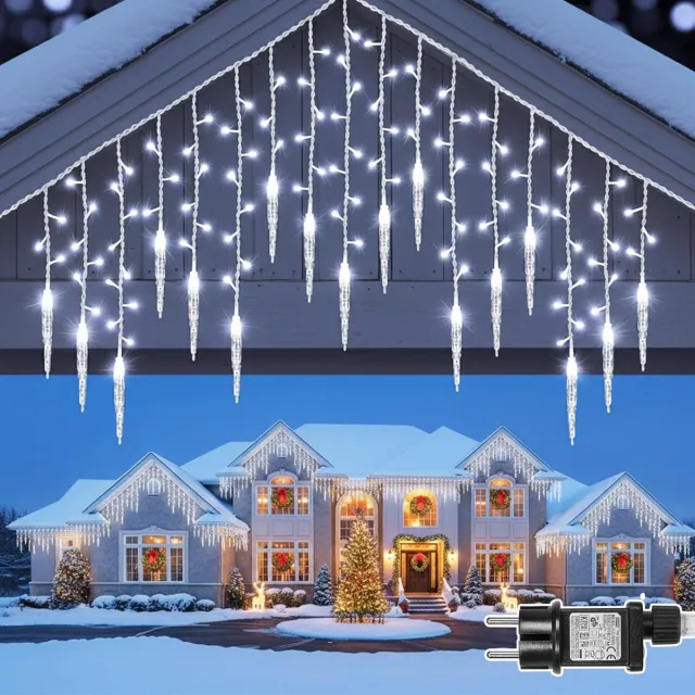 Rosnek 16 IJspegels Lichtgordijn Buiten - IP44 Laagspanning 96LEDs IJs Hanglamp - 8 Standen Lichtsnoer Camping, Timer, Koppelbaar Lichtsnoer Buiten en Binnen voor Slaapkamer, Camping - Wit licht