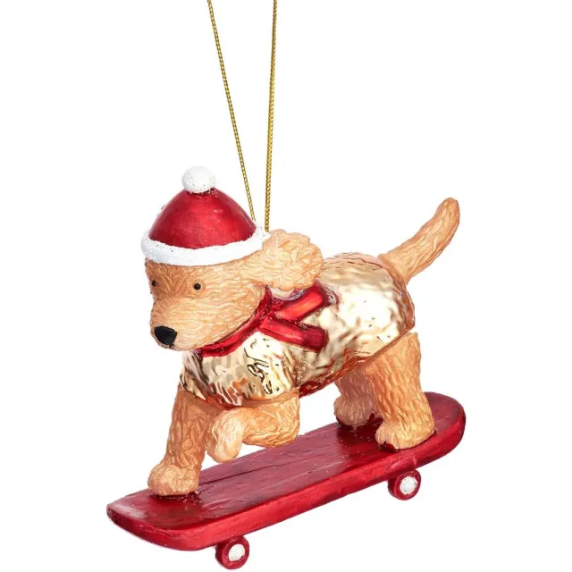 Sass & Belle Cockapoo op skateboard kerstbal - Sass & Belle Rood/ goud