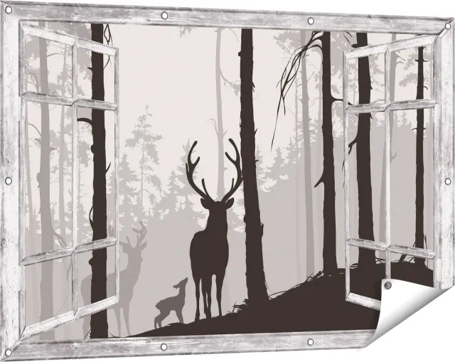 Gards Tuinposter Doorkijk Herten in het Bos - Silhouet - 120x80 cm - Tuindoek - Tuindecoratie - Wanddecoratie buiten - Tuinschilderij Grijs
