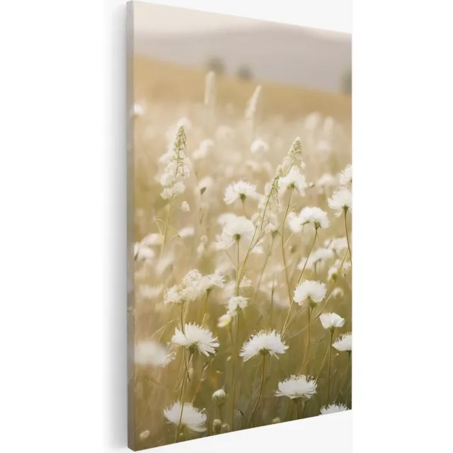 Saammp Canvas Schilderij - Landschap - Wit - Bloemen van dichtbij - Natuur - 50x70 - Foto op canvas - Wanddecoratie - Muurdecoratie Woonkamer - Slaapkamer decoratie - Canvas Print Multicolor