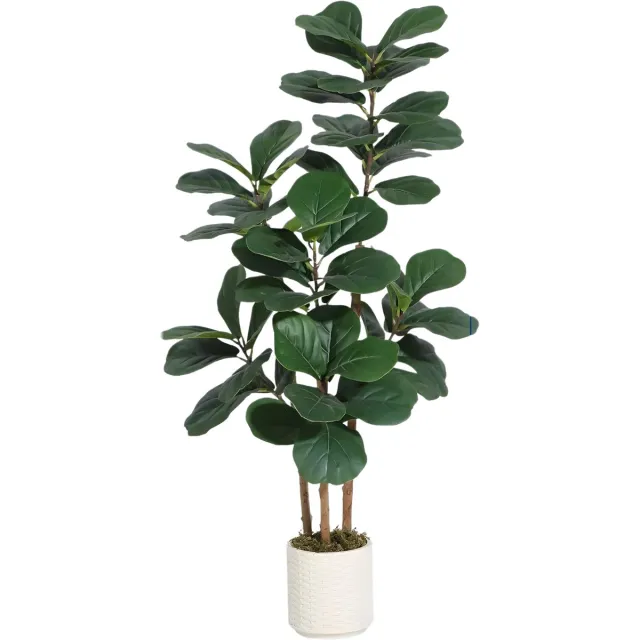 Happiq Kunstmatige Ficus Lyrata - Voor Binnen & Woonkamer - Kunstplant met Natuurlijke Houten Stam en Buigzame Bladeren - Groen-150cm